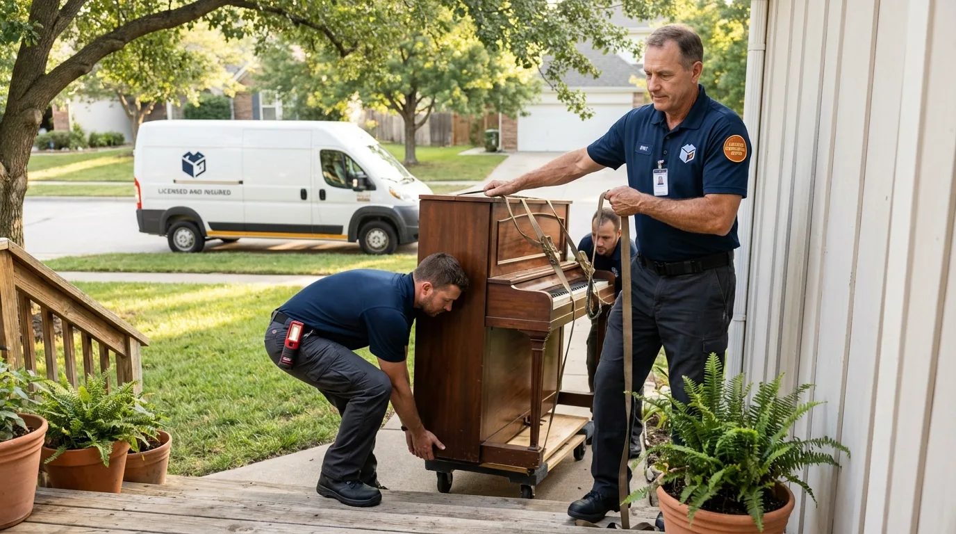 Licensed piano movers securing grand piano in Squaw Valley, CA