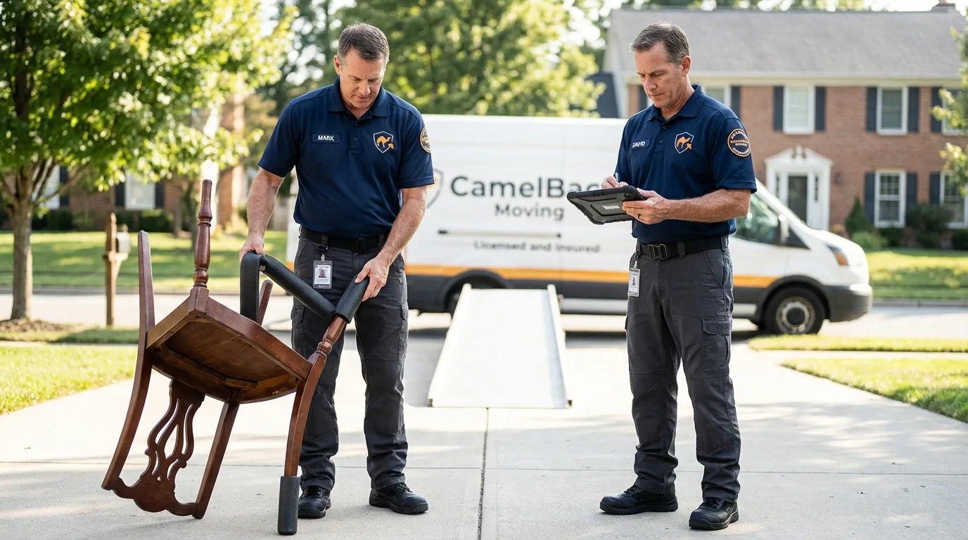 Movers inspecting furniture for damage prevention before loading in Squaw Valley, CA