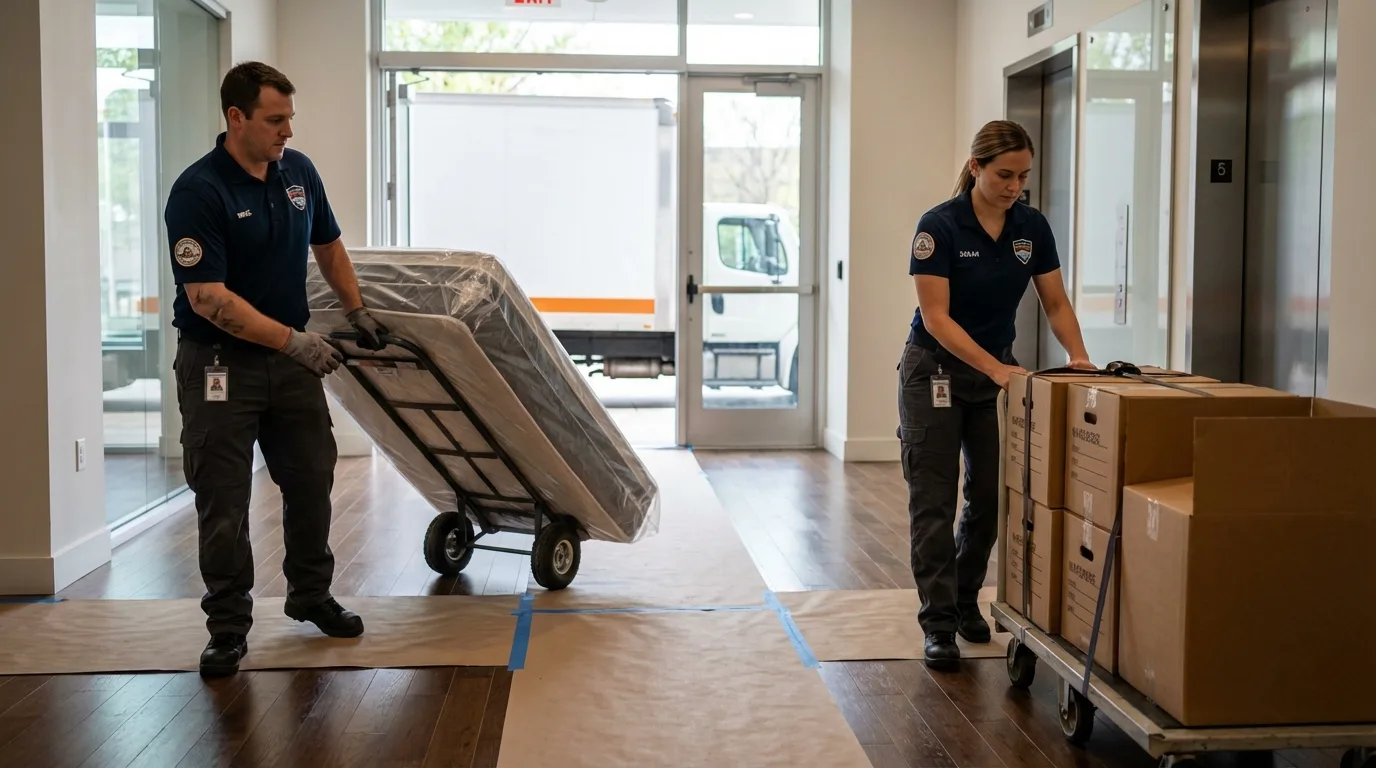 Professional apartment movers loading elevator in Squaw Valley, CA