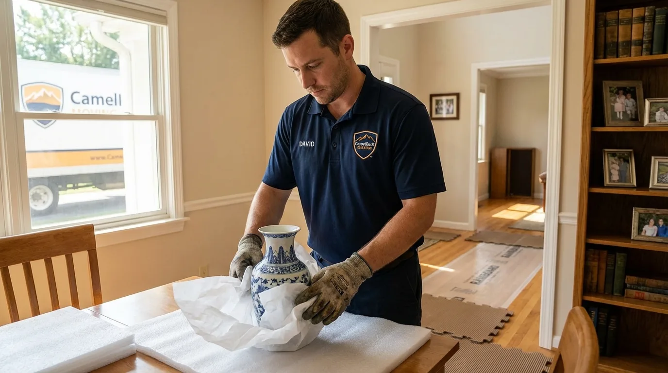 Professional crew carefully wrapping antique vase for senior downsizing move in Squaw Valley, CA
