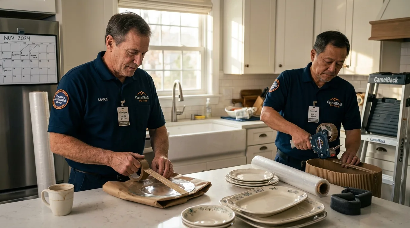 Professional crew packing kitchen dishware in Squaw Valley, CA